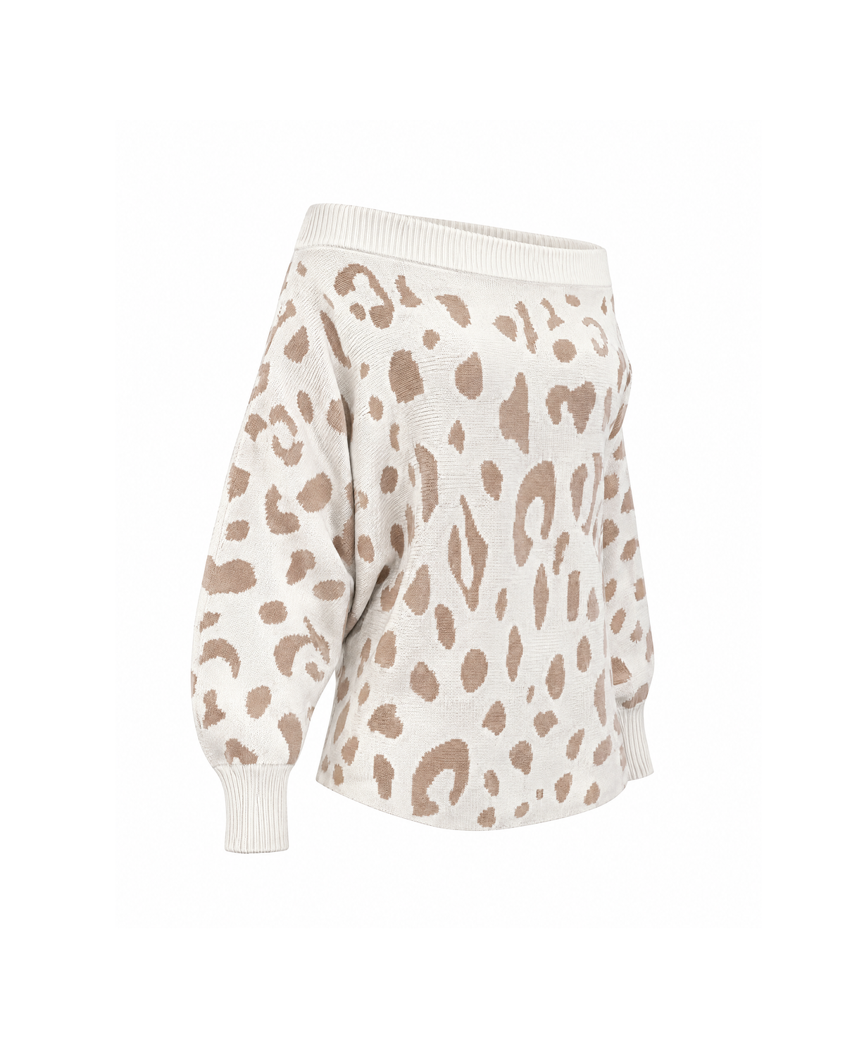 Off-shoulder leopard knit sweater in White/Beige, three-quarter view on white, showing the batwing sleeve, ribbed cuff and wide neckline
