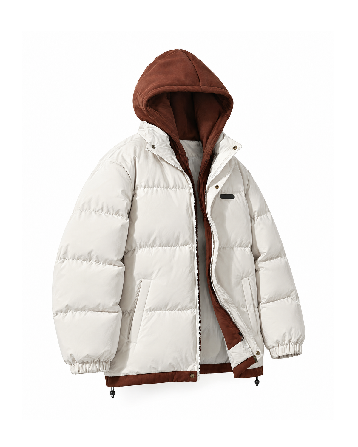 Front three-quarter view of the Cream puffer jacket, showing the quilted side panel, elasticated cuff and drawcord hem.