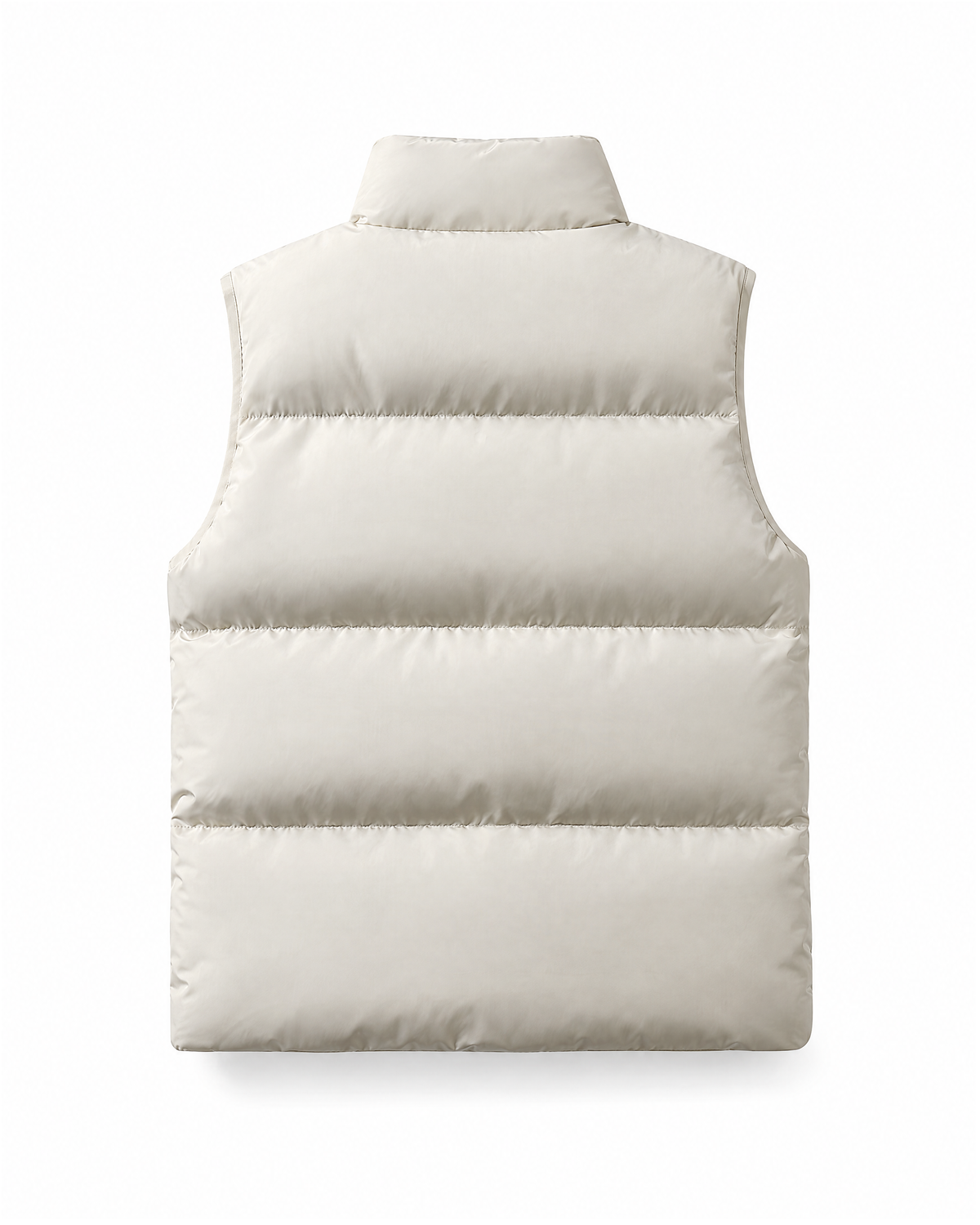 Back view of an Off-White padded puffer vest, showing four quilted bands, the stand collar and the bound armholes
