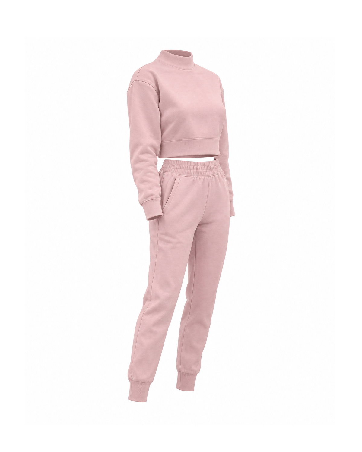 Pink cropped sweatshirt and jogger pants set, three-quarter view on white, showing the side seams and the angled side pocket