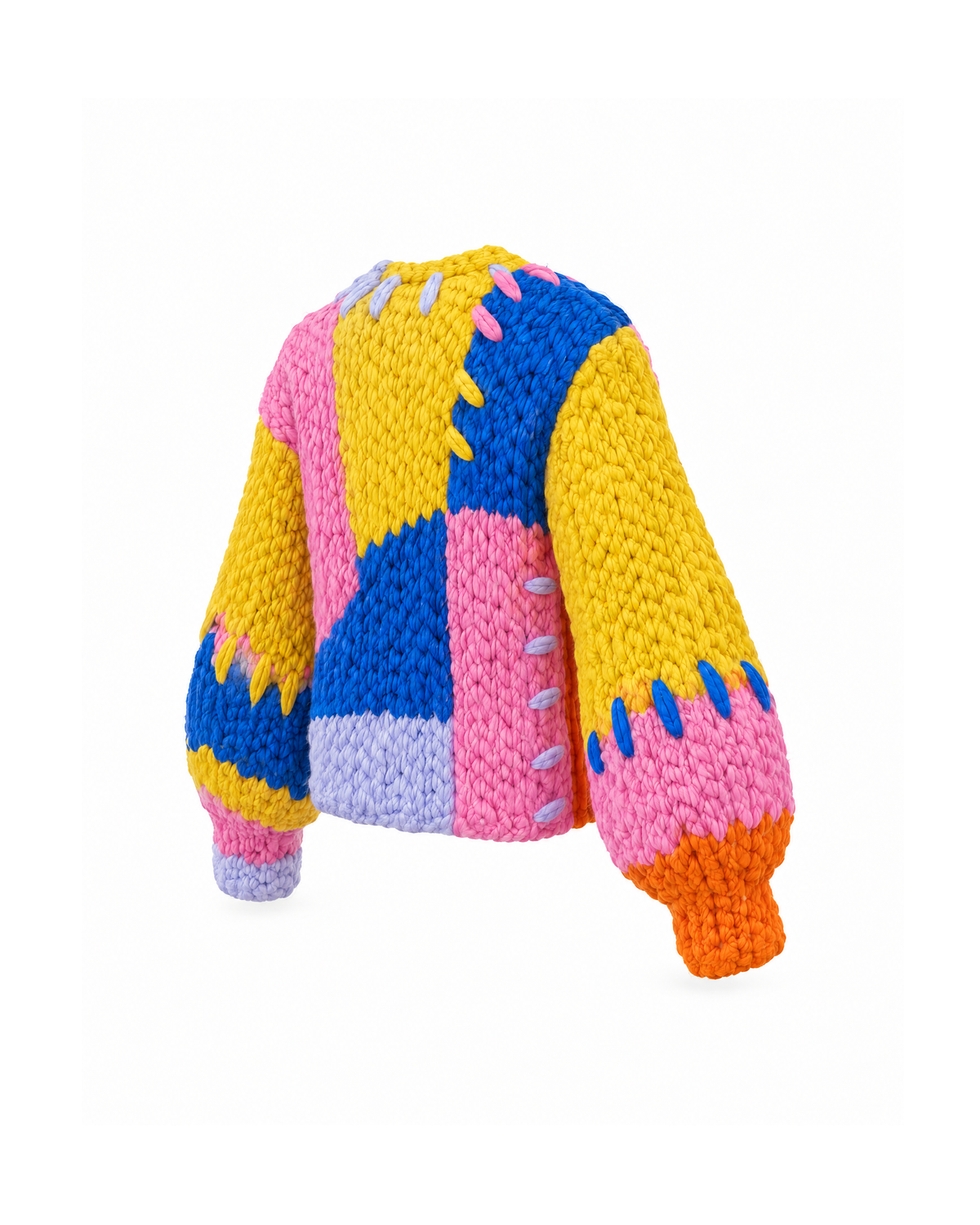 Rear three-quarter view of the Multicolour chunky knit cardigan, showing the yellow back panel, pale lilac hem block and orange cuff