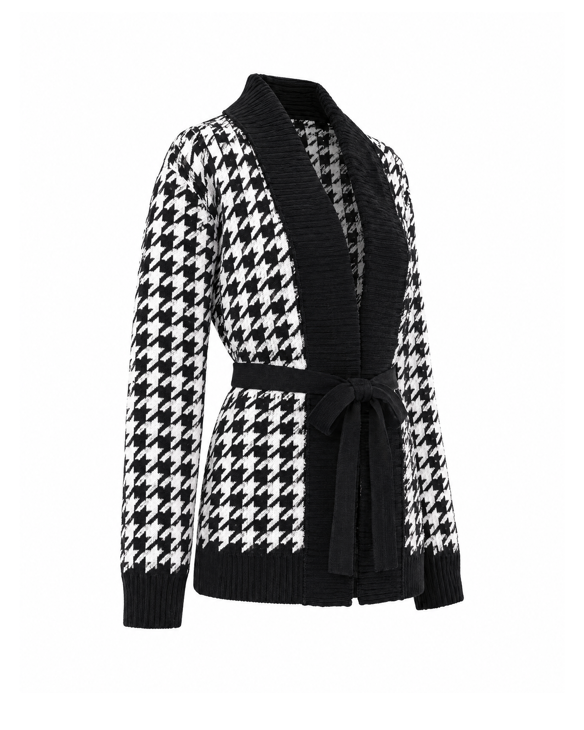 Houndstooth knit cardigan in Black/White seen at a three-quarter angle, showing the black ribbed cuffs, hem band and side seam