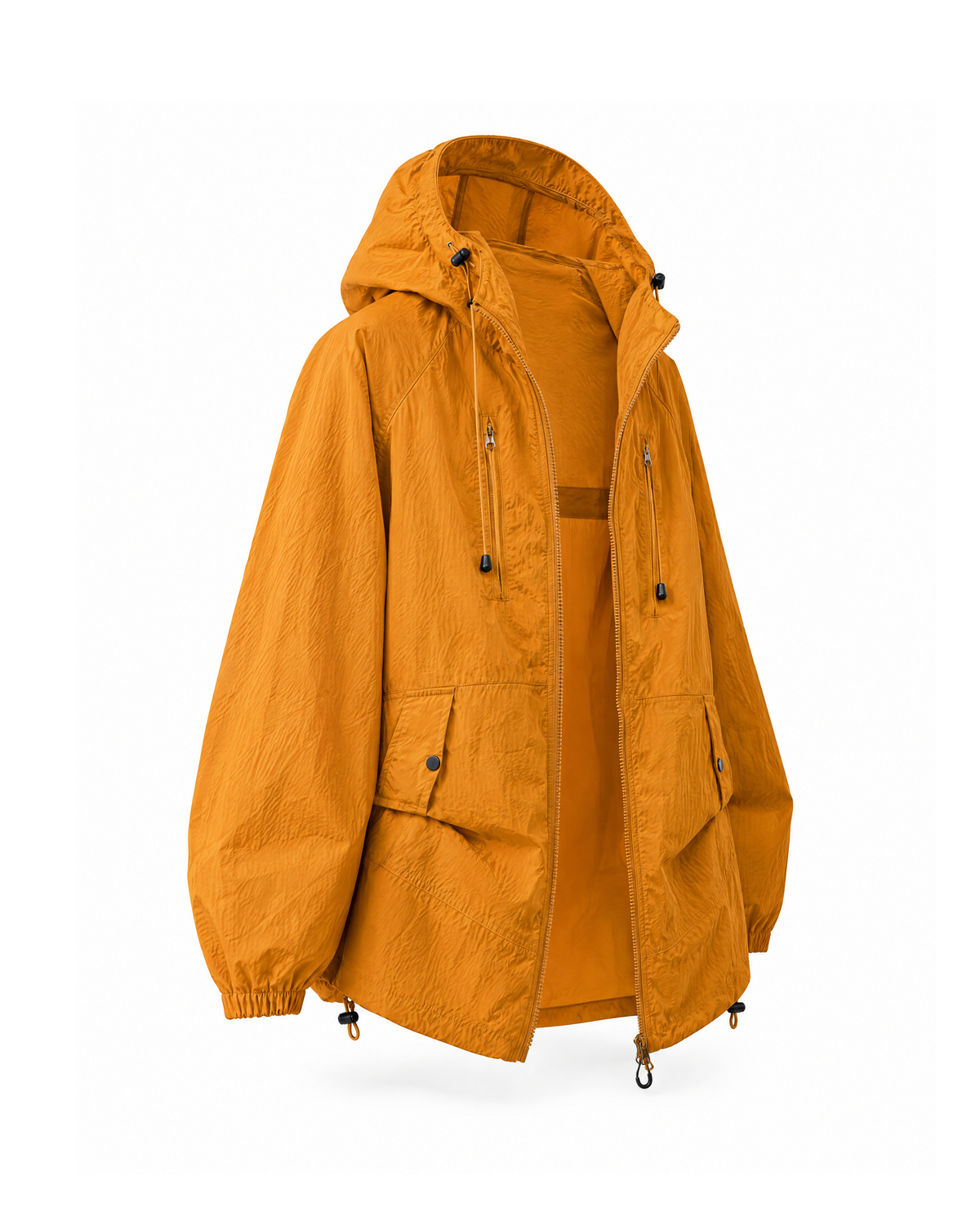 Three-quarter view of the same Orange hooded nylon sun protection jacket, showing the left sleeve, side seam and drawcord hem