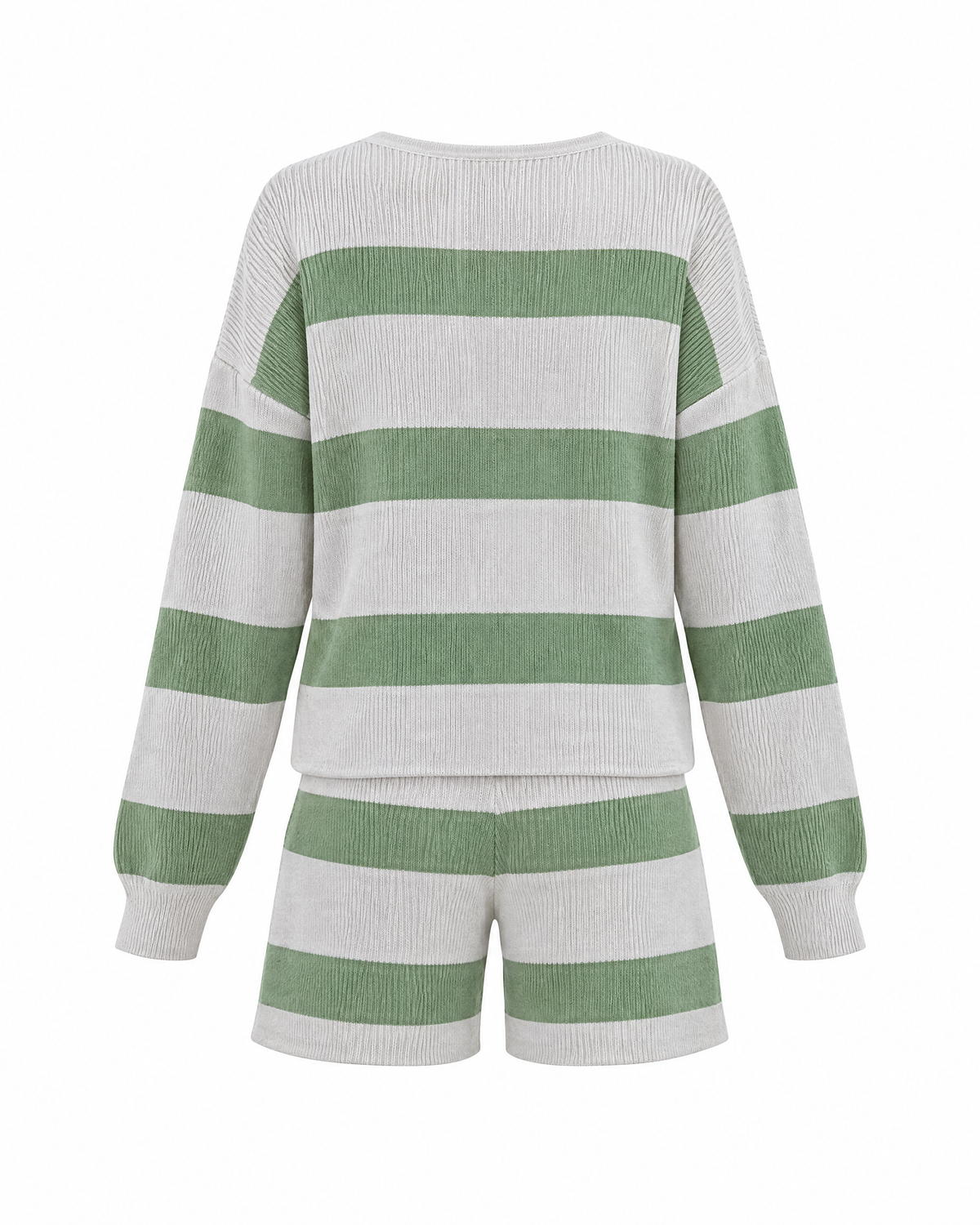Green/White striped knit sweater and shorts set, back view showing the wide stripes on the sweater and shorts